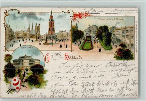Halle 1897 Marktplatz Promenade und Theater Universität Wappen 3-Bildaufnahme Bahnpoststempel Zug 233