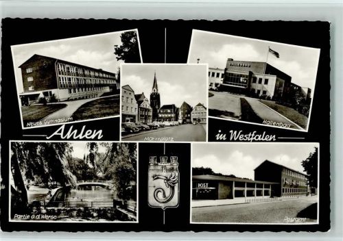 59227 W4730 Ahlen , Westf - Neues Gymnasium Marktplatz Hallenbad Partie an der Werse Postamt Wappen Mehrfachaufnahme