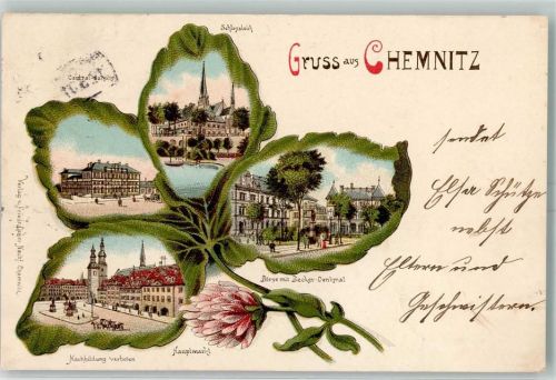 Chemnitz 1901 Hauptmarkt Centralbahnhof Schlossteich Börse mit Becker-Denkmal Vierblättriges Kleeblatt