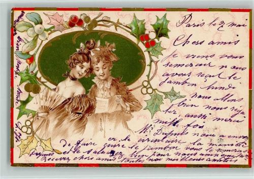 1902 ASW Serie "Flirt" Liebesbrief, Fächer schöne Frauen, Mistelzweige Stechpalme