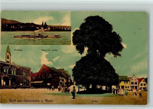 Geisenheim Rathaus Hotel zur Linde Linde Raddampfer 2-Bildaufnahme Bahnpoststempel Zug 306