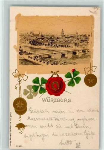 Würzburg 1902 Brücke Siegel Hufeisen Marienkäfer Vierblättriges Kleeblatt