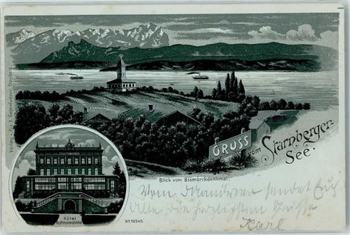 Starnberg 1899 Starnberger See Blick vom Bismarckdenkmal Hotel Rottmannshöhe