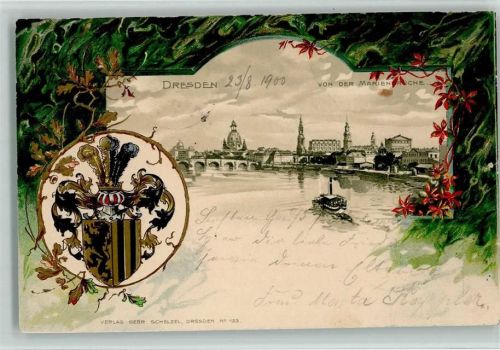Dresden 1900 von der Marienbrücke Lithographie/Prägedruck