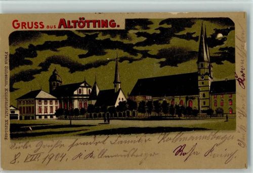 84503 W8262 Altötting 1904 Lithographie / Mondschein Ortsansicht Kirche