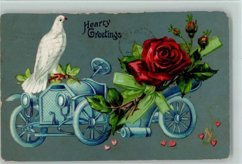 1910 hearty Greetings - Automobil mit Rosen und weißer Taube