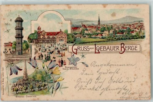 Löbau 1902 Köng Friedr. Aug. Turm Gasthaus Honig-Brunnen Sieges-Denkmal Lithographie