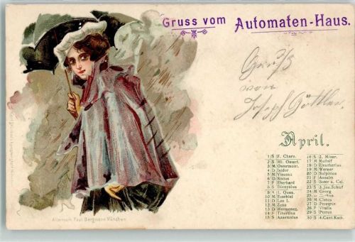 München April Frau mit Regenschirm Werbung Automaten-Haus