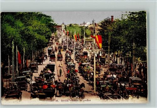 Sevilla 1912 Paseo de coches - viel Verkehr, Kutschen