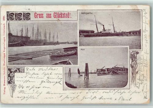 Glückstadt 1901 Binnenhafen Hafenpartie Mole 3-Bildaufnahme Bahnpoststempel Zug 1005