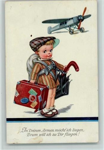 EAS 2106 - Junge mit viel Gepäck und Fallschirm im Hintergrund das Flugzeug 1939 AK