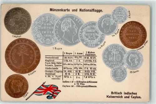 Münzen auf AK Nationalflagge Britisch indisches Kaiserreich
