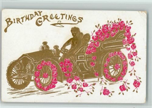 1905 Prägedruck - Birthday Greetings - Auto im Golddruck, Rosengirlanden AK