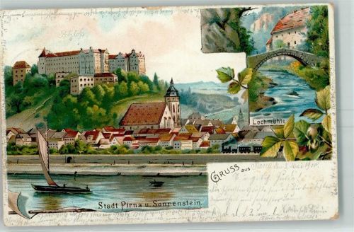 Pirna Schloss Sonnenschein Lochmühle Lithographie
