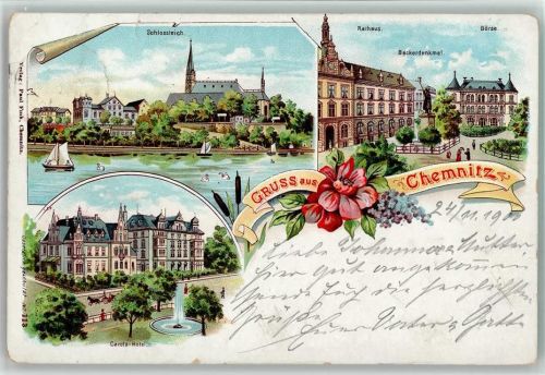 Chemnitz 1900 Schlossteich Rathaus Beckerdenkmal Börse Carola-Hotel Blumen