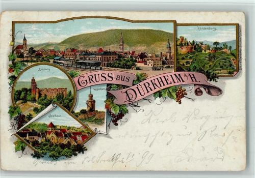 Bad Dürkheim 1899 Ortsansicht Hardenburg Limburg Flaggenthurm Seebach Trauben Mehrfachaufnahme Goldrahmen