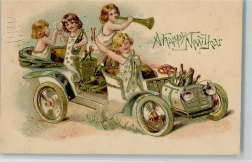 Happy New Year - Kinder mit Sektflaschen AK Glückwunsch Auto 1907 Prägedruck