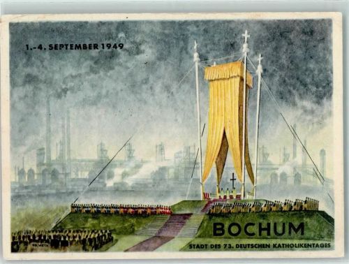 44787 W4630 Bochum 1949 Gebrauchsspuren Künstlerkarte Festpostkarte 73. Deutscher Katholikentag September 1949 Kreuz Priester Gemeinde sign. Kurt Hubert Vieth