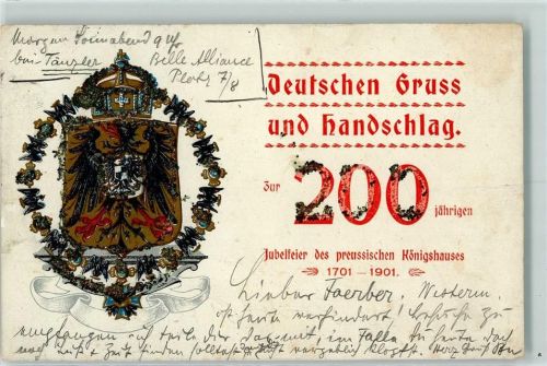 1901 AK mit Glimmerauflage Deutschen Gruß und Handschlag , 200jähr. Jubelfeier des preuss. Königshauses