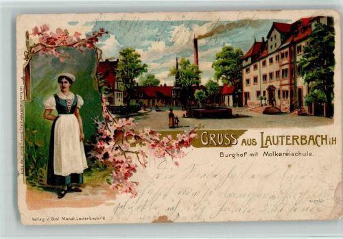 W6420 Lauterbach (Hessen) Burghof mit Molkereischule Frau in Tracht Lithographie Mandt 1906 Gebrauchsspuren