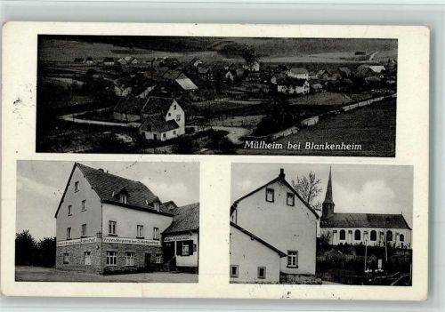 Mülheim Gesamtansicht Fremdenpension J. Hellenthal Gasthaus zum Bahnhof Kirche 3-Bildaufnahme