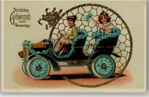 1913 Namenstag - Automobils aus Blüten, Vergissmeinnicht AK