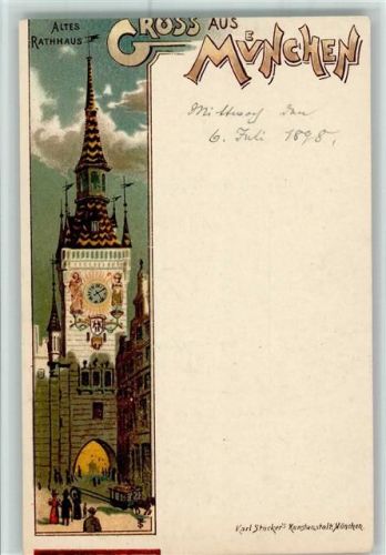 80331 W8000 München 1898 Lithographie Gruss aus - Altes Rathaus - Stücker Kunstanstalt , gute Erhaltung