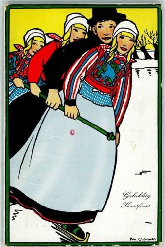 Gelukkig Kerstfest Schlittschuh Hollandkinder AK Cramer, M. (Rie) 1934 Künstlerkarte