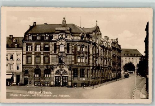 Hof Oberer Torplatz mit Staatsbank und Postamt LKW WK II Stempel