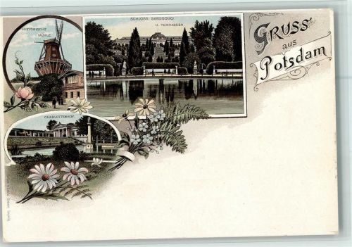 Potsdam Histor. Mühle Schloss Sanssouci und Terrassen Charlottenhof Blumen 3-Bildaufnahme