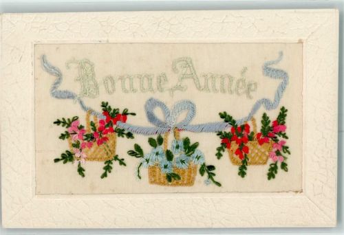 1927 Seidenstickerei Blumen Bonne Annee Passepartout AK