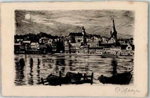 Flensburg Hafen Original Radierung Mondschein Original Unterschrift sign. Flege