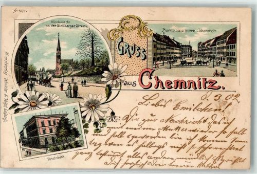Chemnitz 1902 Nicolaikirche Stollenberger Straße Marktplatz innere Johannisstraße Reichsbank Kutsche Blumen