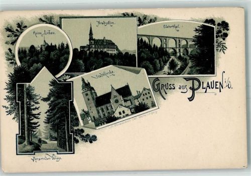 08523 O9900 Plauen Lithographie Ruine Liebau Hradschin Elsterthal Stadtkirche Pyramiden Wiese