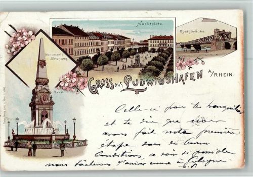 Ludwigshafen 1897 Rheinbrücke Marktplatz Monumental-Brunnen