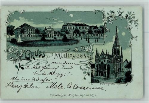 Mulhouse 1900 Gruss aus - Bahnhof, Kirche AK