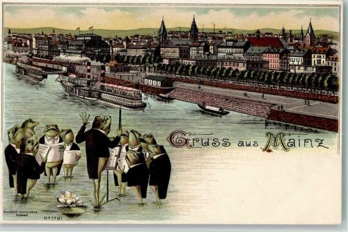 55116 W6500 Mainz a Rhein 1898 Lithographie Gruss aus - Kunstverlag Lautz 1781 - vermenschlichte Frösche , Erhaltung I AK