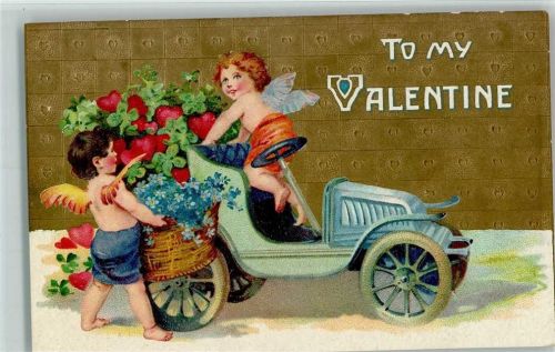 1911 Serie 681 To my Valentine - Amor im Automobil, Herzen und Vergissmeinnicht AK