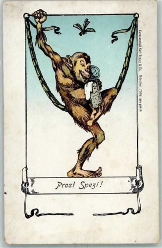 Prost Spezi Bier Affe vermenschlicht AK Bier 1900 Lithographie