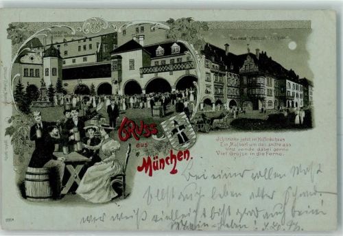 80331 W8000 München 1899 Lithographie / Mondschein Hofbräuhaus Arkadenhof Wappen Münchner Kindl