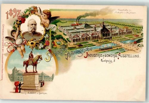Leipzig 1897 Sächsisch-Thüringische Industrie & Gewerbe Ausstellung 1897 Reiterstandbild König Albert v. Sachsen Engel Haupthalle