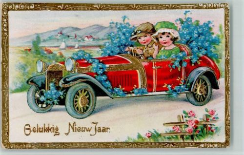 golddruck - Kinder im Auto, Vergissmeinnicht, gute Erhaltung AK Glückwunsch Auto 1934 Mondschein