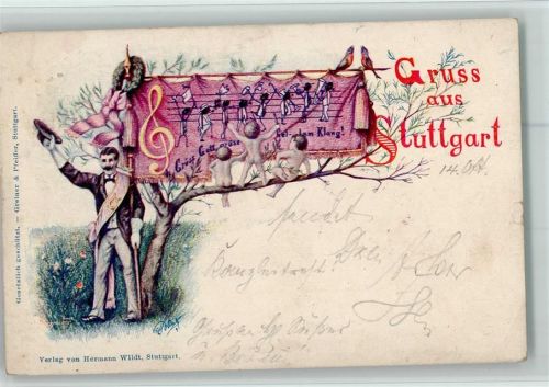 W7000 Stuttgart Noten Lorbeerkranz Schärpe Lanze Verlag Greiner & Pfeiffer sign Dollinger Festpostkarte Anlaßkarte Sängerfest Lithographie / Künstlerkarte