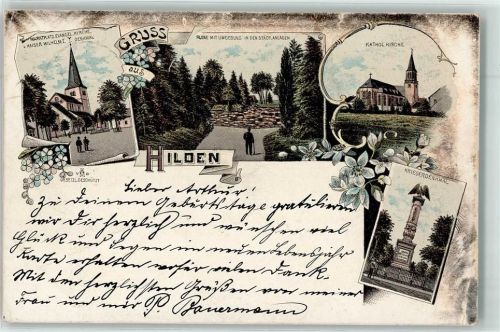 Hilden 1898 Marktplatz Ev. Kirche Kaiser Wilhelm I.-Denkmal Kriegerdenkmal Lithographie