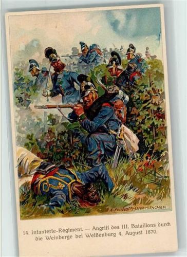 Weißenburg 14. Infanterie-Regiment Angriff des III. Bataillons durch die Weinberge 04. August 1870 sign Anton Hoffmann Hundertjahrfeier 1914