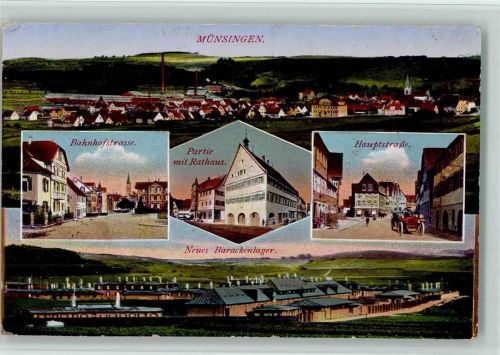72525 W7420 Münsingen , Württ - Gesamtansicht Bahnhofstraße Partie mit Rathaus Hauptstraße Neues BArackenlager Mehrfachaufnahme