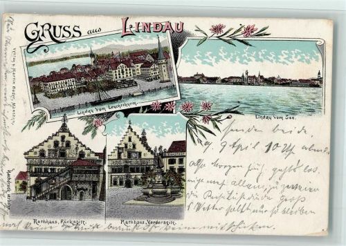 Lindau 1898 Ortsansicht vom Leuchtturm aus Ortsansicht vom See aus Rathaus Vorderseite Rückseite Brunnen 4-Bildaufnahme