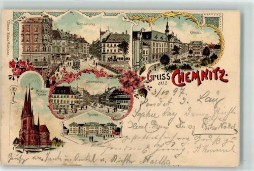 09111 O9000 Chemnitz , Sachs 1897 Gebrauchsspuren Nicolaibrücke Straßenbahn Rathaus Kaserne Markus-Kirche Lithographie