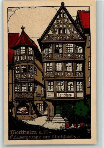 97877 W6980 Wertheim a Main Künstlersteindruck Häusergruppe am Marktplatz Konditorei sign