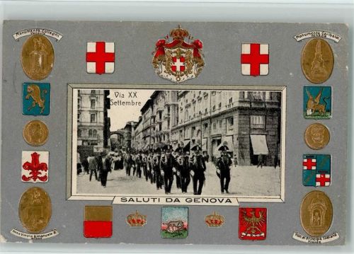 Genova 1911 Lithographie Prägedruck Passepartout Via XXSettembre Wappen Monumento Collegni Monu. Vittorio Emanuele II Monumento Garibaldi Venezia Mon. Principe Indiano Firenze